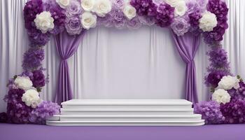 ai generado púrpura Boda etapa con blanco flores y cortinas foto