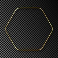 Gold glowing rounded hexagon frame with shadow isolated on dark background. Shiny frame with glowing effects. Vector illustration.
