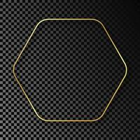 Gold glowing rounded hexagon frame with shadow isolated on dark background. Shiny frame with glowing effects. Vector illustration.