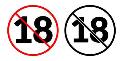 Prohibition sign age restriction. Vector icon no 18 for alcohol bottle, packs of cigarettes and public places