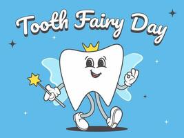 Tooth fairy in retro style. National Tooth Fairy Day Vector illustration. Vintage mascot in form of tooth with wings and magic wand