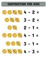 Learning subtraction with coins for toddlers and preschoolers. Math game.Mathematics children educational game. vector