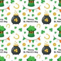 St. Patrick's Day seamless pattern with coins, pot of gold clover, horseshoes on a white background. Vector illustration.