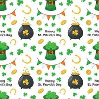 St. Patrick's Day seamless pattern with coins, pot of gold clover, horseshoes on a white background. Vector illustration.