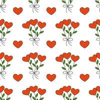 Seamless Pattern with Bouquet of flowers in the shape of hearts and leaves. Valentine Day Romantic background. Vector cartoon flat illustration.