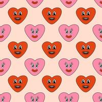 Seamless Pattern with Heart Pink and Red Smile Character for Valentine Day. Mascot in groovy and Y2k style. Vector cartoon illustration.