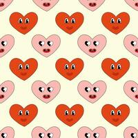 Seamless Pattern with Hearts Red and Pink Characters Smile for Valentine Day. Mascot in groovy and Y2k style. Vector cartoon illustration.