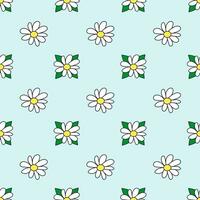 Seamless pattern with white flower and leaves. Daisy blossom. Chamomile. Spring and summer floral background. Design for wallpaper, wrapping paper, background, fabric. Vector flat illustration.