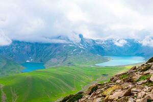 Landscape in the Himalayas Panoramic view from the top of Sonmarg, Nepal's Kashmir valley in the Himalayan region. Grasslands, wildflowers and mountain snow. hiking concept Nature camping, India photo