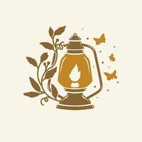 Kerosene vintage lamp with floral and butterfly vector