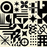 Brutalist abstract geometric shapes and grids. Brutal contemporary figure star oval spiral flower and other primitive elements. Swiss design aesthetic. Bauhaus memphis design vector