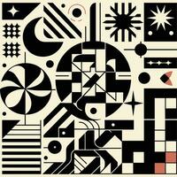 Brutalist abstract geometric shapes and grids. Brutal contemporary figure star oval spiral flower and other primitive elements. Swiss design aesthetic. Bauhaus memphis design vector