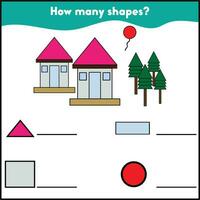 How many shapes fun game for kids. Educational worksheet for toddlers. Vector illustrations.