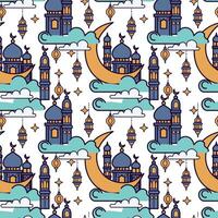 Seamless pattern with mosque, moon and clouds. Ramadan Kareem background. vector
