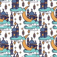 Seamless pattern with mosque, moon and clouds. Ramadan Kareem background. vector