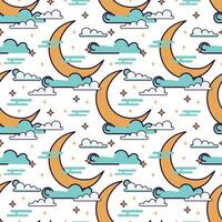 Seamless pattern with crescent moon, stars and clouds. Vector illustration.