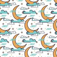 Seamless pattern with crescent moon, stars and clouds. Vector illustration.