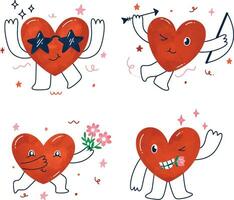 Watercolor mascot heart. Cartoon watercolor romantic Valentines day sticker, cute hearts with leg and hands. Cute ove funny angel cupid and happy couple. Vector set