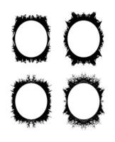 four black and white grunge circular frames with different designs, circle background imprint ink stain circle doodle stencil grunge vector pattern ink set