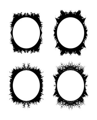 four black and white grunge circular frames with different designs, circle background imprint ink stain circle doodle stencil grunge vector pattern ink set