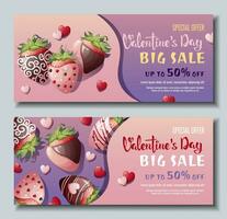 Set of Sale Banners for Valentine s Day. Background, poster with ripe strawberries in chocolate. Discount voucher template for love day. vector