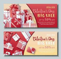 Set of banners for Valentine s Day. Background, poster, flyer with a bunch of gifts decorated with bows. Discount voucher template for love day, wedding vector