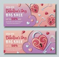 Set of banners for Valentine s Day. Background, poster, flyer with a lock and key to your beloved s heart. Discount voucher template for love day. vector