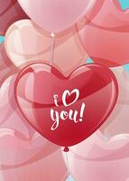 ard design for Valentine s Day and Mother s Day. Poster, banner with balloons on a blue background. Background with flying helium balloons in the shape of hearts. vector