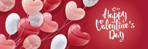 Horizontal banner with balloons. Design for Valentine's Day and Mother's Day. Background, poster with flying helium balloons in the shape of hearts. vector