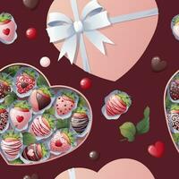 Seamless pattern with box of chocolate covered strawberries with hearts. Great for wrapping paper, fabric, wallpaper, textiles. Background for Valentine's Day. vector