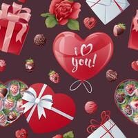 Seamless pattern with gift box, balloon, strawberries, candies with hearts. Great for wrapping paper, fabric, wallpaper, textiles. Background for Valentine's Day. vector