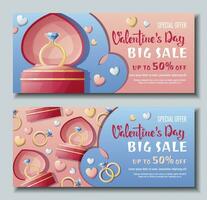 Set of banners for Valentine s Day. Background, poster, flyer with an engagement ring in a box with hearts. Discount voucher template for love day, wedding vector