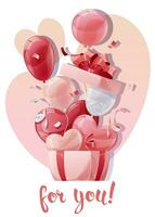 ard design for Valentine s Day and Mother s Day. Poster, banner with open gift box and balloons. Background with flying helium balloons in the shape of hearts. vector