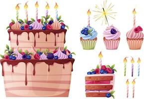 Set of cakes, cupcakes, muffins on an isolated background. Suitable for designing cards for birthdays, Christmas, etc. A piece of cake decorated with berries and candles. vector