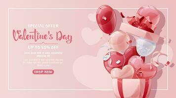 Valentine s Day Sale Banner. Background with balloons and gift box. Flyer, discount offer, advertising. The poster is perfect for a holiday promotion. vector