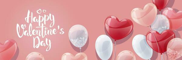 Horizontal banner with balloons. Design for Valentine's Day and Mother's Day. Background, poster with flying helium balloons in the shape of hearts. vector