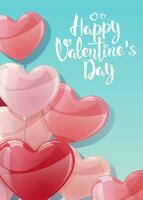 ard design for Valentine s Day and Mother s Day. Poster, banner with balloons on a blue background. Background with flying helium balloons in the shape of hearts. vector