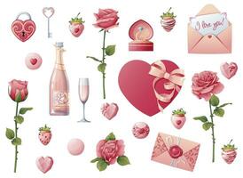 conjunto de elementos para San Valentín día, boda. acortar Arte para fiesta tarjetas, pancartas, volantes pegatinas de rosas, champán, fresas en un aislado antecedentes. vector