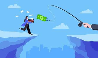 Fishing money chase business concept with businesswoman running after dangling dollar jumps over the cliff. vector