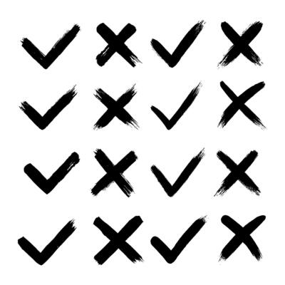 Grunge hand drawn brush strokes cross X and tick OK check marks V vector illustration set