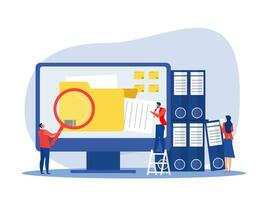 datos almacenamiento concepto hombre utilizando aumentador vaso y buscando archivos en un electrónico base de datos indexación archivo documentos. vector ilustración para almacenamiento