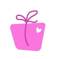 Vector hand drawn gift box with pink bow and heart by Valentine day. Illustration in flat style. For greeting card, logo, sale, product