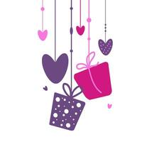 vector colgando regalo cajas y corazones por enamorado día. antecedentes con linda elementos. ilustración en plano estilo. para saludo tarjeta, logo, venta, producto, diseño