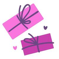 Vector hand drawn gifts box with violet bow and heart by Valentine day. Illustration in flat style. For greeting card, logo, sale, product