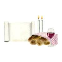 Shabbat challah covered with cloth, two burning candles, red wine glass and blank Torah scroll hand drawn vector illustration