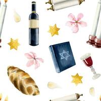 Shabbat symbols vector watercolor seamless pattern on white background for meeting of Saturday with Torah book