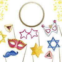 Watercolor Purim frame with copy space for text, gold circle, masks, photo booth accessories vector illustration