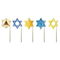 Photo Booth stars of David and Purim cookies on sticks. Watercolor vector illustration in blue and yellow