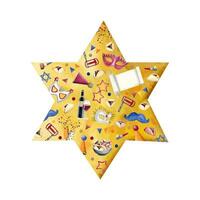 Watercolor Purim symbols on bright yellow Jewish star of David, masks, raashan, hamantaschen, scroll for poster, card vector illustration