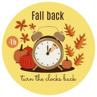 Daylight Saving Time concept. Autumn landscape with text Fall Back, the hand of the clocks turning to winter time. Pumpkins and autumn leaves vector